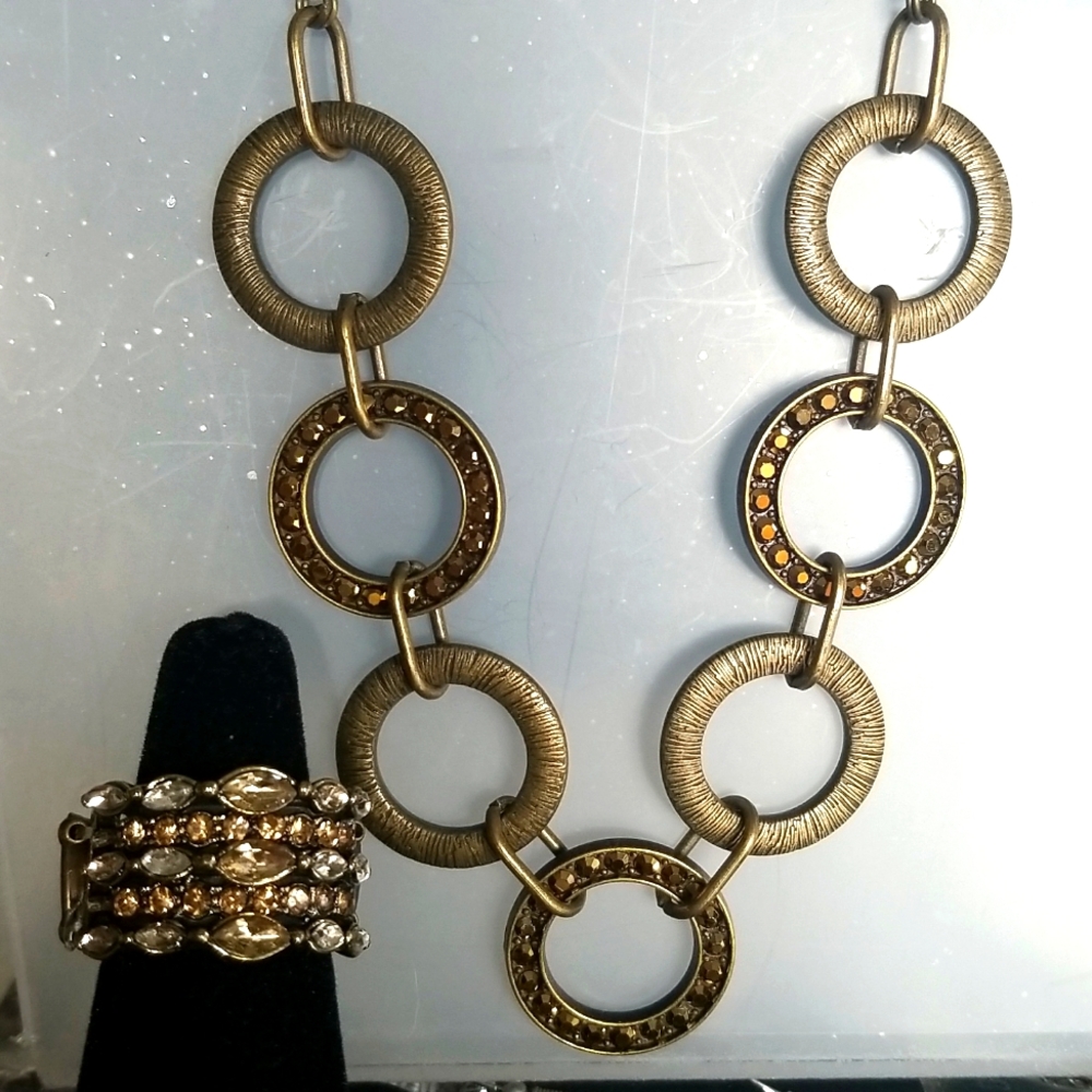 NWT Set of Brass Necklace with earrings & Stretchable Ring with rhinestones
